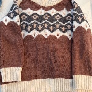 aerie Brown and Cream Fair Isle Crewneck Sweater